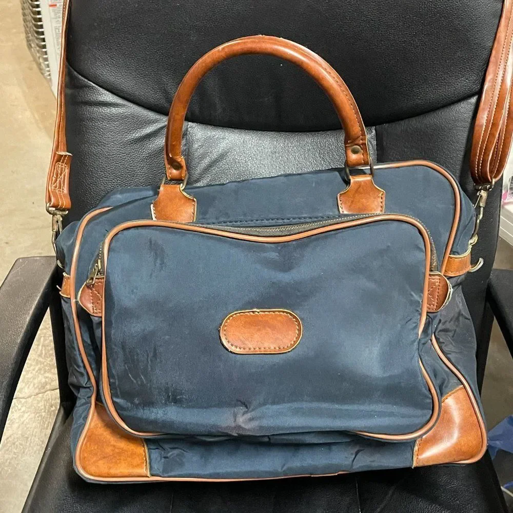 Vintage Overnight Bag canvas with leather trim navy and leather 17” x 11”